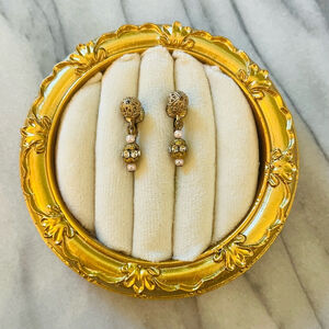 Vintage Dainty Drop Earrings Gold Toned Faux Pearl‎ and Crystal Elegant Clip On